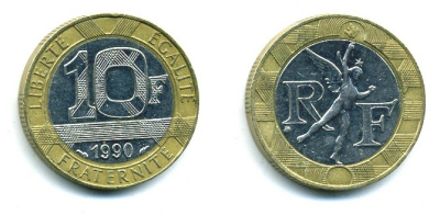Франция 10 франков 1990 тип Гений Бастилии KM 964.1, Le Frank 375.5 биметалл 25-2251