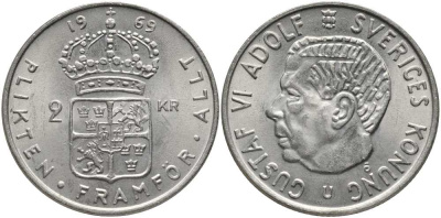 Швеция 2 кроны 1969 U, Густав VI Адольф (1950-1973) КМ 827а медно-никель 180-641