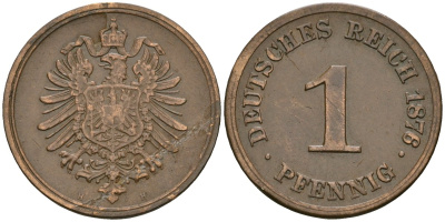 Германия 1 пфенниг 1876 H, Вильгельм I (1871-1888) KM 1, J. 1 медь 1524-532