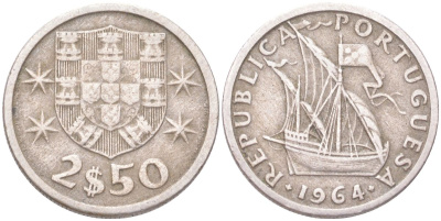 Португалия 2,5 эскудо 1964 парусник KM 590 медно-никель 4611-919