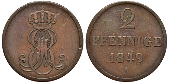 Ганновер 2 пфеннига 1849 A, Эрнст Август (1837-1851) KM 202.2, AKS 125, J. 75 медь 75-1923