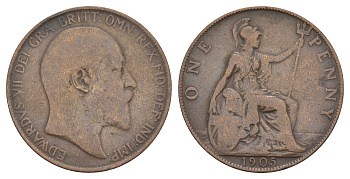 Великобритания 1 пенни 1905 Эдуард VII (1901-1910) KM 794.2, Spink 3990 бронза 111-626