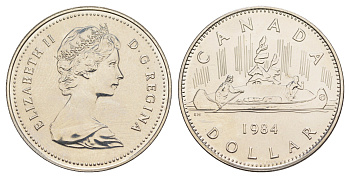 Канада 1 доллар 1984 Елизавета II (1952-2022), каноэ KM 120 никель PROOF-LIKE (BU) 4185-911