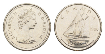 Канада 10 центов 1980 Елизавета II (1952-2022), парусник KM 77 никель UNC 4639-643