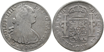 Мексика 8 реалов 1808 ТН, монетный двор Мо (Мехико Сити), Карл IV Испанский (1788-1808) KM 109 серебро    1519-1311