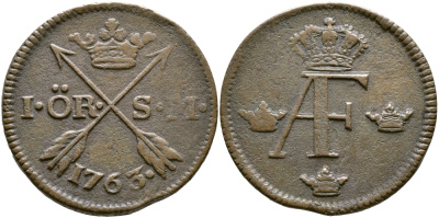 ШВЕЦИЯ 1 ЭРЕ 1763 S.M. KM 416.2 медь 53-1226