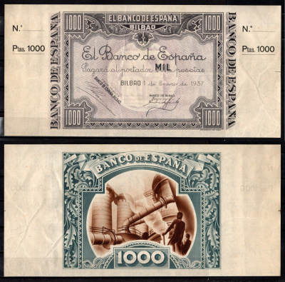 Испания, Бильбао 1000 песет 1937 Pick S567 a-a бумага 6267-32-2