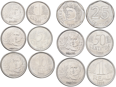 Бразилия набор из 6 монет (1, 5, 10, 25 и 50 сентаво; 1 реал) KM 631, 632, 633, 634, 635 и 636 нержавеющая сталь UNC 4666-1225-1227