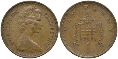 Великобритания 1 пенни 1971 Елизавета II (1952-2022) KM 915, Spink 4237 (B1) бронза 4171-541