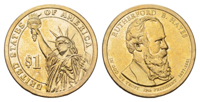 США 1 доллар 2011 P, Президент США - Ратерфорд Хейз (1877-1881) KM 501 медь с марганцево-латунным покрытием UNC 4698-935