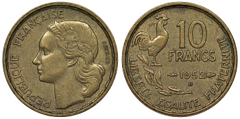 Франция 10 франков 1952 B, петух KM 915.2, Le Franc 363.5 алюминиевая бронза 4128-454