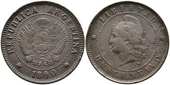Аргентина 1 сентаво 1890 голова свободы влево KM 7 бронза 4525-1035