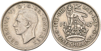 Великобритания 1 шиллинг 1947 Георг VI (1936-1952), Английский герб KM 863, Spink 4103 медно-никель 4126-426