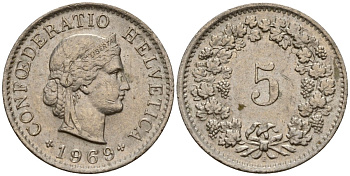 Швейцария 5 раппенов 1969 KM 26 медно-никель 4154-944