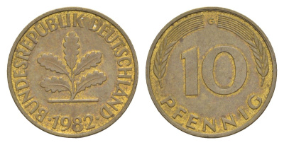 ФРГ 10 пфеннигов 1982 G KM 108, J. 383 сталь плакированная латунью 4630-1269