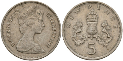 Великобритания 5 пенсов 1979 Елизавета II (1952-2022) KM 911, Spink 4233 (D1) медно-никель 4156-527