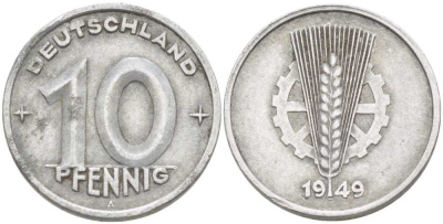 ГДР 10 ПФЕННИГОВ 1949 A KM 3 алюминий 212-851