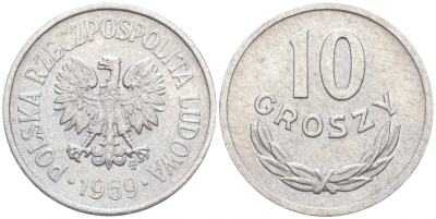 ПОЛЬША 10 ГРОШЕЙ 1969 MW KM АА47 алюминий UNC 99-828