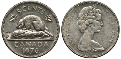 Канада 5 центов 1976 бобр, Елизавета II (1952-2022) KM 60.1 никель 4182-251