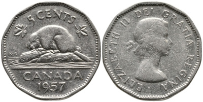 КАНАДА 5 ЦЕНТОВ 1957 ЕЛИЗАВЕТА II (1952-), БОБР, ПЕРВЫЙ ПОРТРЕТ KM 50а никель 4543-611