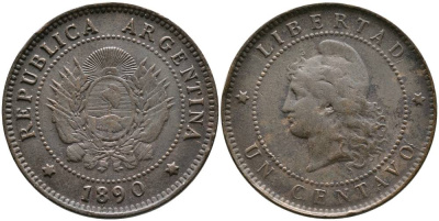 Аргентина 1 сентаво 1890 голова свободы влево KM 7 бронза 4525-1035