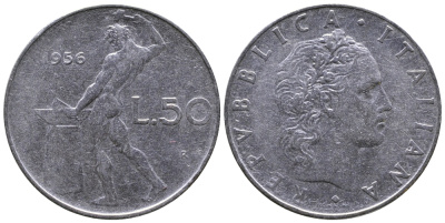 Италия 50 лир 1956 R, бог огня Вулкан у наковальни KM 95.1 нержавеющая сталь 3333-825