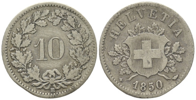 Швейцария 10 раппенов 1850 ВВ первый год KM 6 серебро 100-824