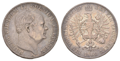 Пруссия 1 союзный талер 1860 A, Фридрих Вильгельм IV (1840-1861) KM 471 серебро 4044-612
