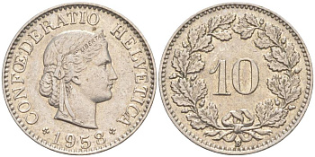 Швейцария 10 раппенов 1958 B KM 27 медно-никель     55-252
