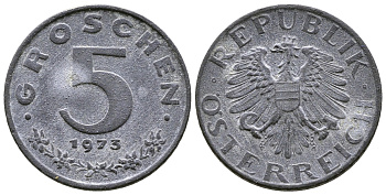 АВСТРИЯ 5 ГРОШЕЙ 1973 KM 2875 цинк 57-1357