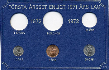 Швеция 5, 10, 25 эре 1972 Густав VI Адольф (1950-1973) в картоне набора монетного двора UNC 7-5-7-263