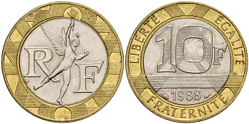Франция 10 франков 1988 тип гений Бастилии KM 964.1, Le Franc 375.2 биметалл 4601-925