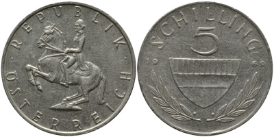 АВСТРИЯ 5 ШИЛЛИНГОВ 1969 KM 2889а медно-никель 33-615