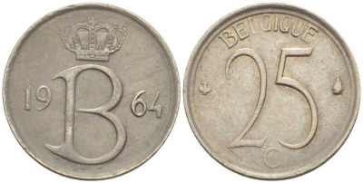 Бельгия 25 сантимов 1964 Belgique, Бодуэн I (1951-1993) KM 153.1 медно-никель 214-426