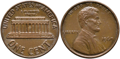 США 1 ЦЕНТ 1969 ЛИНКОЛЬН KM 201 медь цинк 4392-668