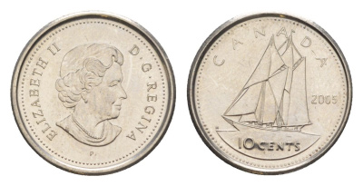 Канада 10 центов 2005 P, Елизавета II (1952-2022), парусник KM 492 сталь плакированная никелем UNC 4630-857