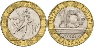 Франция 10 франков 1988 тип гений Бастилии KM 964.1, Le Franc 375.2 биметалл 4601-925