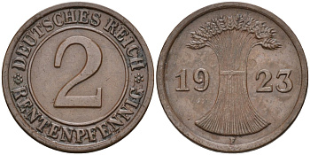 Германия 2 рентенпфеннига 1923 F, выпуск 1924 года KM 31, J.307, Weege 3 медь 4584-557