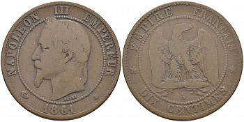 ФРАНЦИЯ 10 САНТИМОВ 1861 A, НАПОЛЕОН III (1852-1870) KM 798.1, LA FRANC 134.2 бронза 114-645