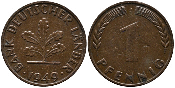 ФРГ 1 ПФЕННИГ 1949 J KM А101, J.376 сталь плакированная медью 96-656