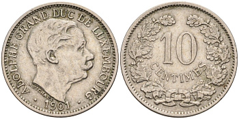 Люксембург 10 сантимов 1901 герцог Адольф (1890-1905) KM 25 медно-никель 4586-531