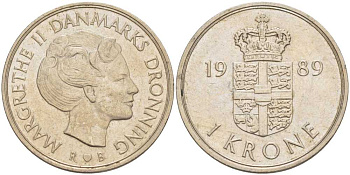 ДАНИЯ 1 КРОНА 1989 R; B, МАРГРЕТЕ II (1972-) KM 862.3 медно-никель 4390-132