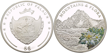 Палау 5 долларов 2009 горы и флора, Гросглокнер, 3788 метра, эмаль KM NEW серебро PROOF 1088-1-33