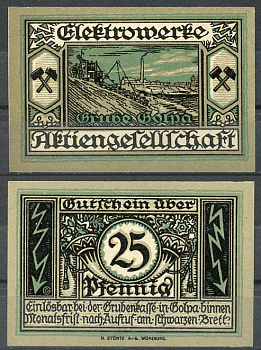 Германия, Чорневиц 25 пфеннигов 1921 частный выпуск электростанции AG Grube Golpa Grabowski 454.1 бумага UNC (пресс) 8614-48-1-1