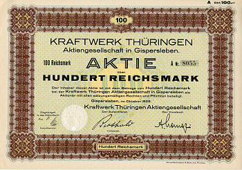 Германия 100 рейхсмарок 1929 АО Электростанция Тюрингии, акция бумага   8801-113-1