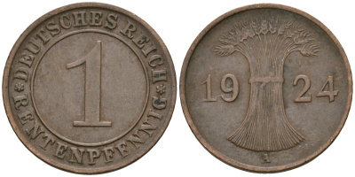 Германия 1 рентенпфенниг 1924 A KM 30, J. 306 бронза 4608-319