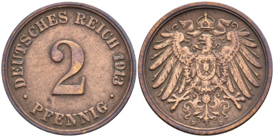 Германия 2 пфеннига 1913 D KM 16, J. 11, Weege 4 медь 4546-726