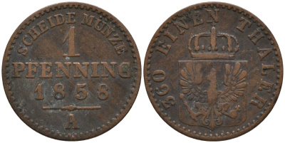 Пруссия 1 пфенниг 1858 A, Фридрих Вильгельм IV (1840-1861) KM 451 медь 4532-334