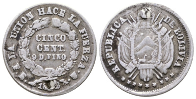 Боливия 5 сентаво 1872 F.E., с отверстием KM 156.3 серебро    220-327