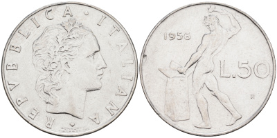 Италия 50 лир 1956 R, бог огня Вулкан у наковальни KM 95.1 нержавеющая сталь 4116-344